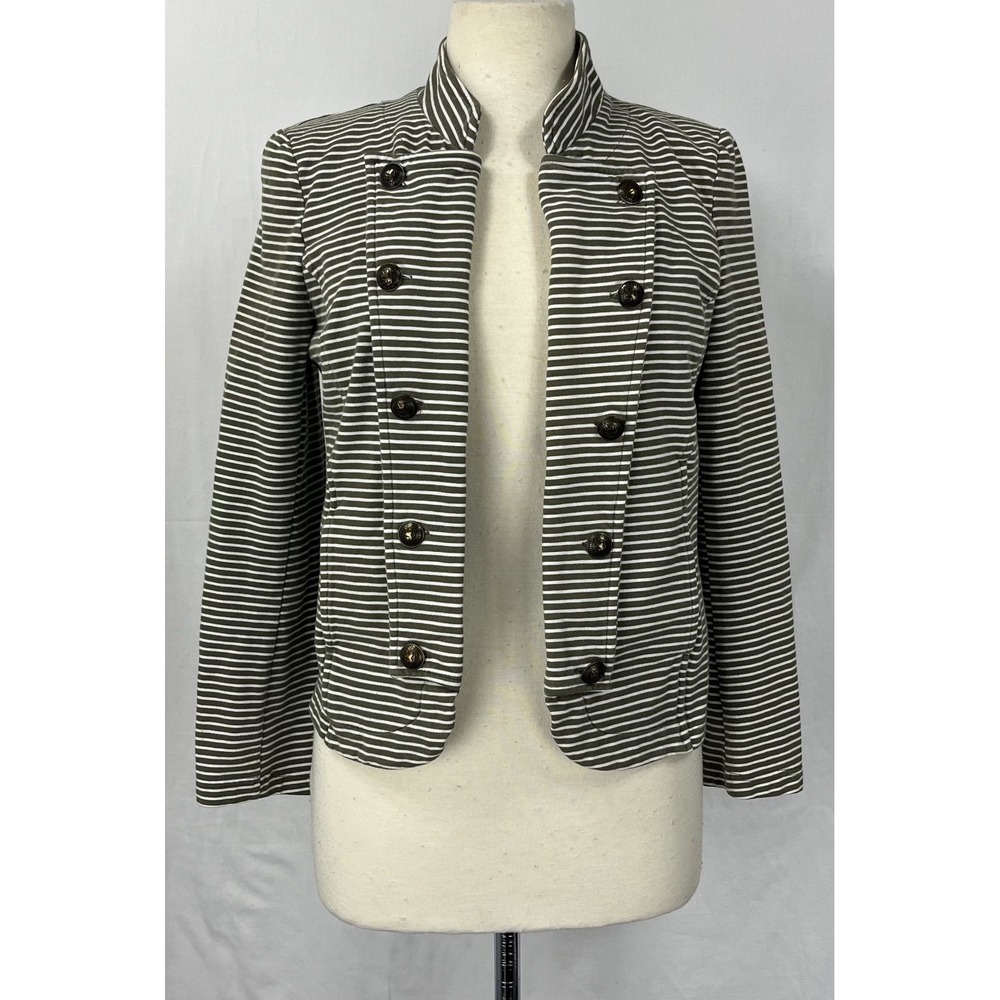 EUC Tommy Hilfiger Women Green Stripe Military Band Jacket Button Up Knit Size M